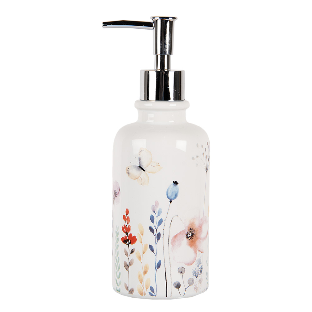 Clayre&Eef Zeepdispenser 350 ml Wit Keramiek Bloemen afbeelding
