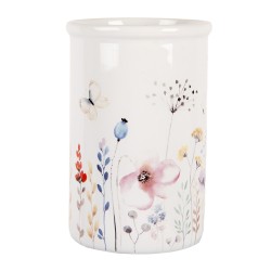 Clayre & Eef Zahnbürstenhalter Ø 8x12 cm Weiß Keramik Blumen