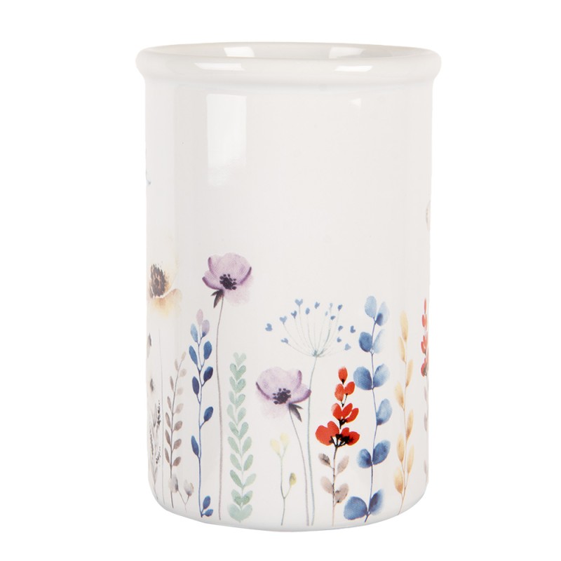 Clayre & Eef Portaspazzolino Ø 8x12 cm Bianco Ceramica Fiori