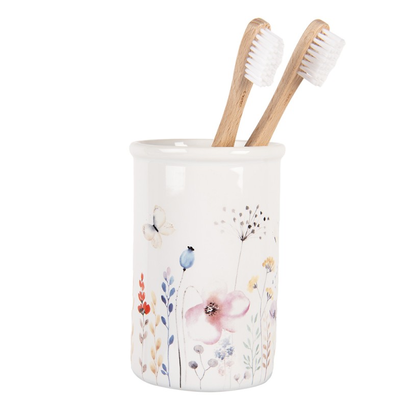 Clayre & Eef Portaspazzolino Ø 8x12 cm Bianco Ceramica Fiori
