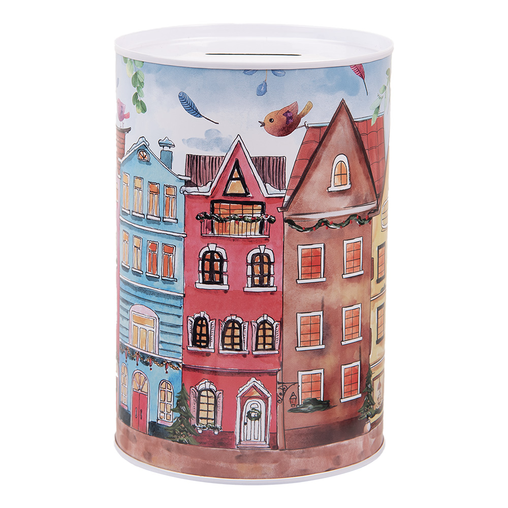 Clayre&Eef SpaarpotØ 10x15 cm Roze Metaal Huizen afbeelding