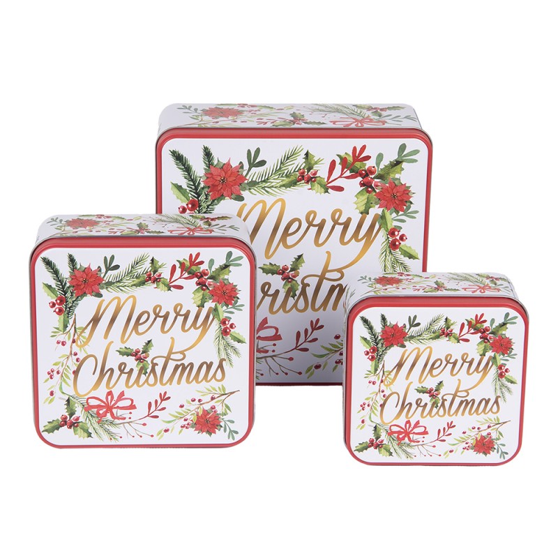 Clayre & Eef Storage tin Set of 3 20x20x8/ 15x15x7/ 12x12x6 cm White Red Metal Merry Christmas