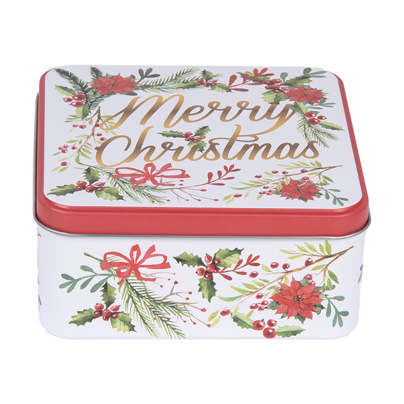 Clayre & Eef Storage tin Set of 3 20x20x8/ 15x15x7/ 12x12x6 cm White Red Metal Merry Christmas