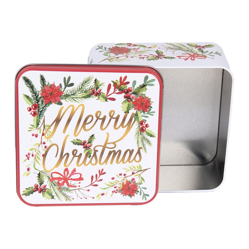 Clayre & Eef Storage tin Set of 3 20x20x8/ 15x15x7/ 12x12x6 cm White Red Metal Merry Christmas
