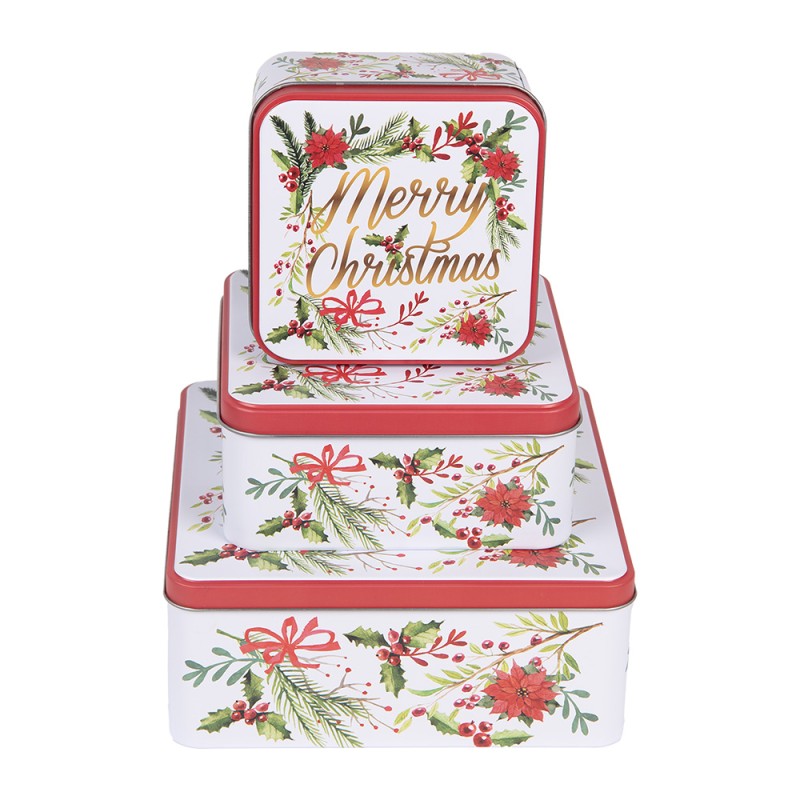 Clayre & Eef Storage tin Set of 3 20x20x8/ 15x15x7/ 12x12x6 cm White Red Metal Merry Christmas