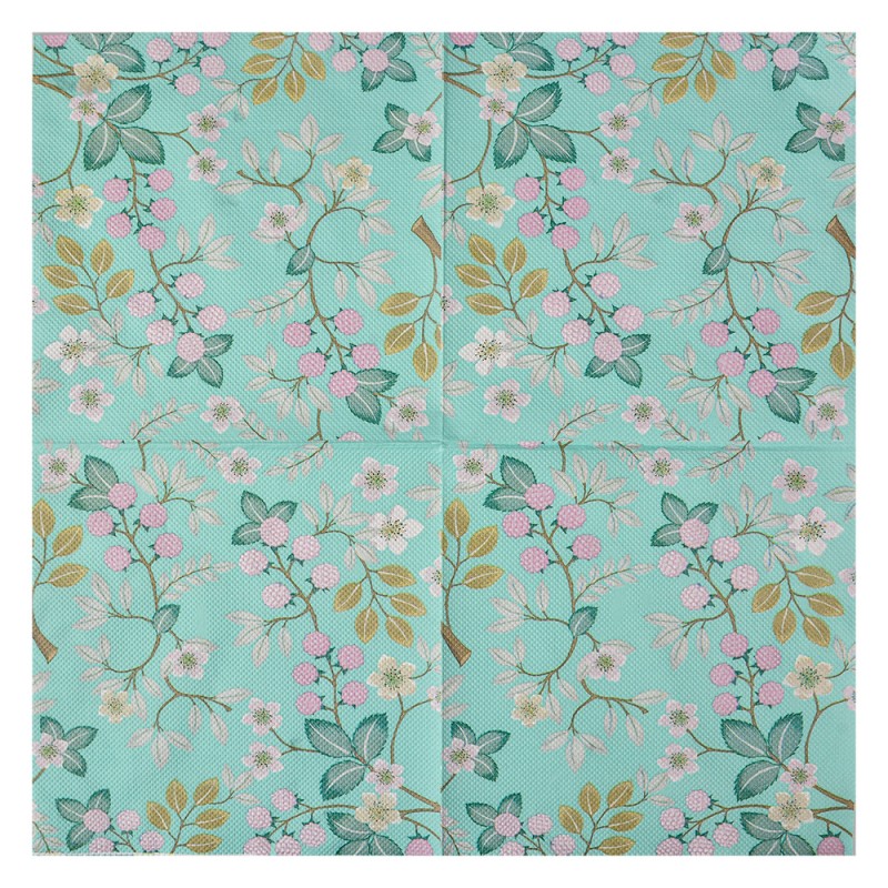 Clayre & Eef Napkins Paper Set of 20 33x33 cm Green Paper Flowers