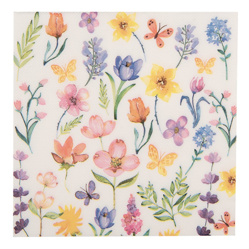 Clayre & Eef Napkins Paper Set of 20 33x33 cm White Pink Flowers