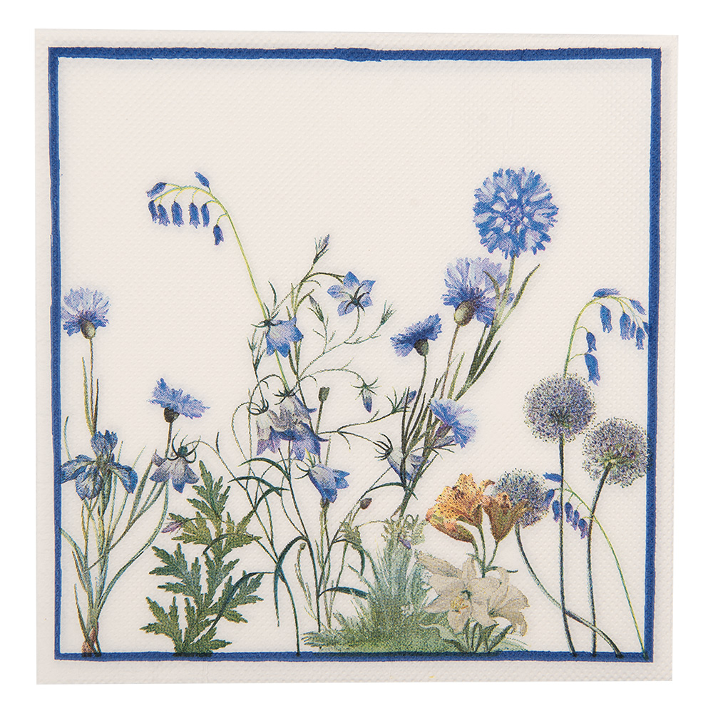Clayre&Eef Servetten Papier Set van 20 33x33 cm Wit Blauw Papier Bloemen afbeelding