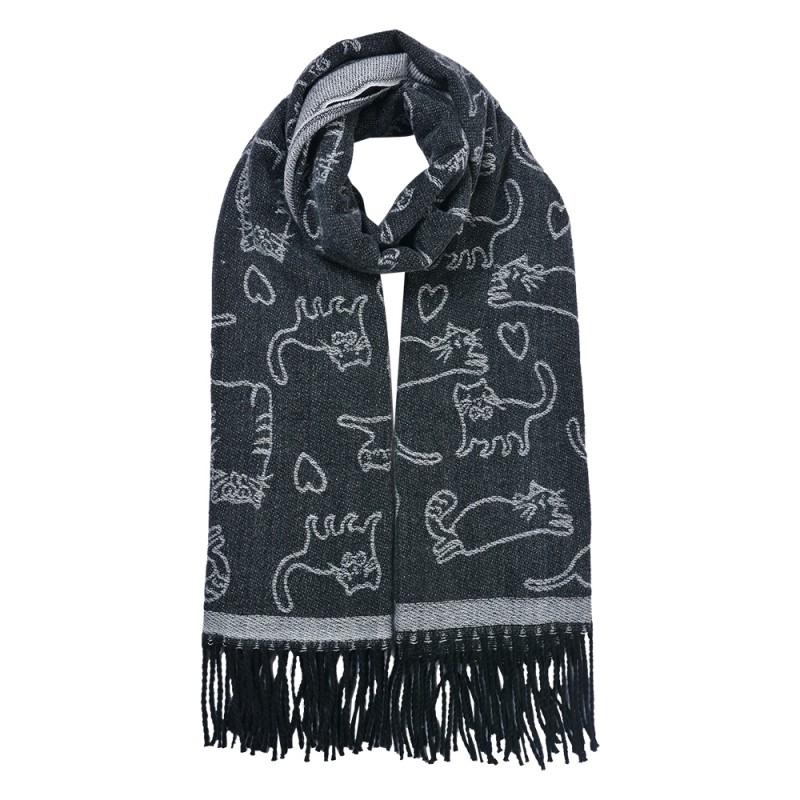 Clayre & Eef Winterschal Damen 65x180 cm Schwarz Grau Katze