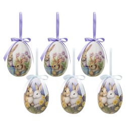Clayre & Eef Easter ornament set of 6 Egg Ø 7x10 cm Multicoloured Plastic Rabbits