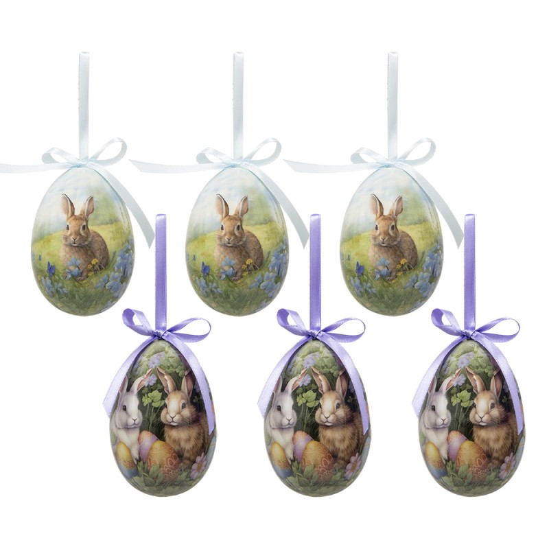 Clayre & Eef Easter ornament set of 6 Egg Ø 7x10 cm Multicoloured Plastic Rabbits
