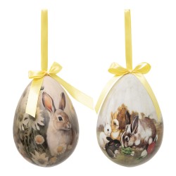 Clayre & Eef Ensemble de 2 pendentifs de Pâques Œuf Ø 11x15 cm Multicolore Plastique Lapin