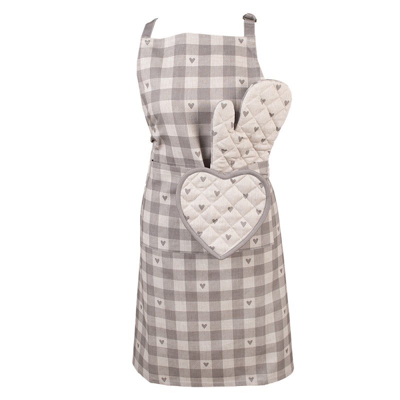 Clayre & Eef Oven Mitt 18x30 cm Beige Grey Cotton Hearts
