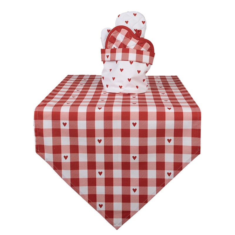 Clayre & Eef Chemin de table 50x160 cm Rouge Blanc Coton Coeurs carreaux