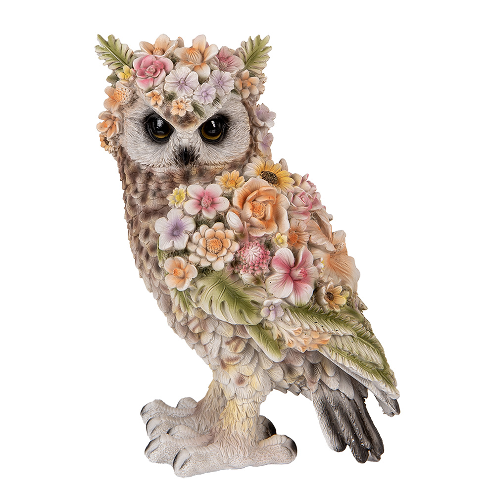Clayre&Eef Decoratie Beeld Uil 21x18x31 cm Bruin Kunststof Bloemen afbeelding