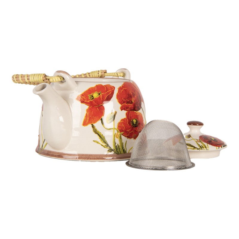 Clayre & Eef Théière avec filtre 800 ml Blanc Rouge Céramique Fleurs