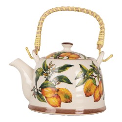 Clayre & Eef Theepot met Filter 800 ml Wit Geel Keramiek Citroenen