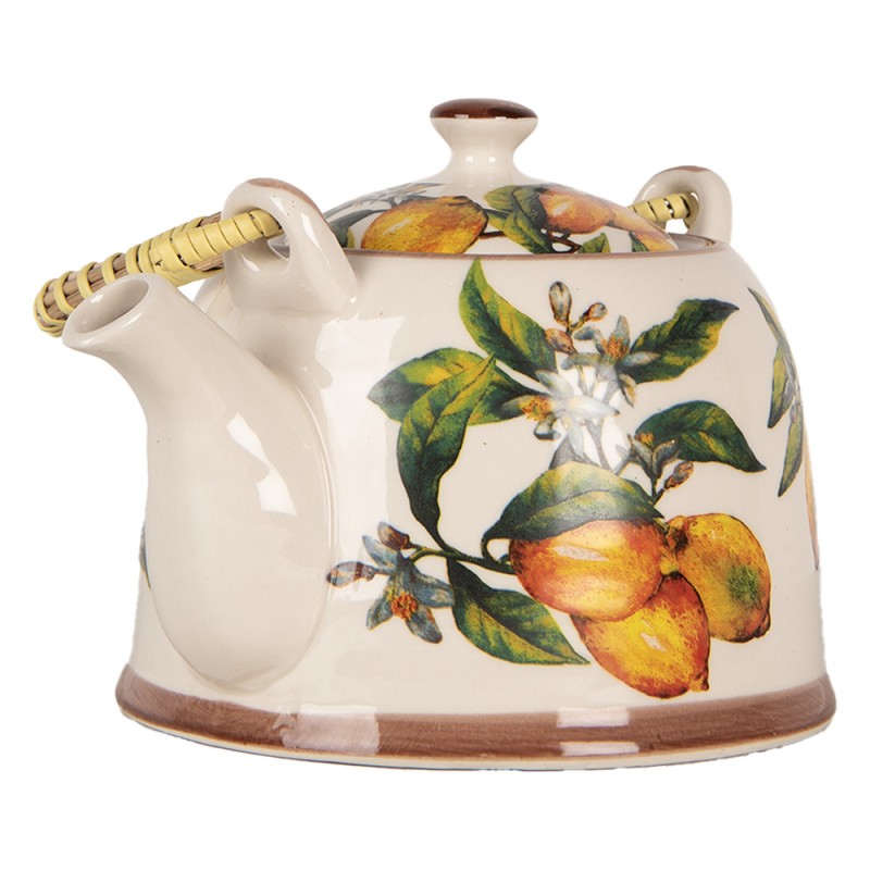 Clayre & Eef Theepot met Filter 800 ml Wit Geel Keramiek Citroenen
