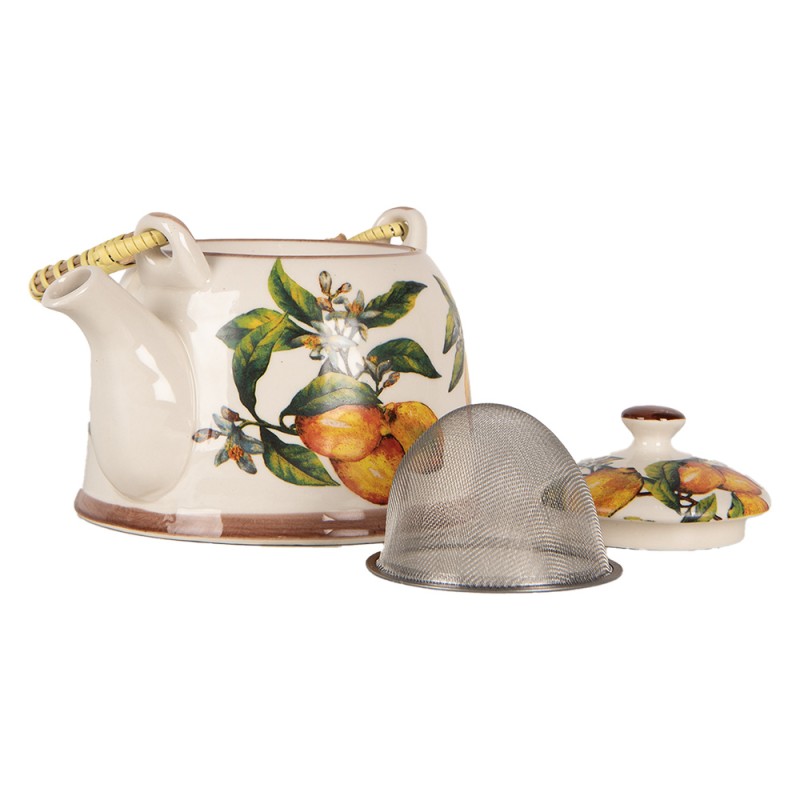 Clayre & Eef Theepot met Filter 800 ml Wit Geel Keramiek Citroenen