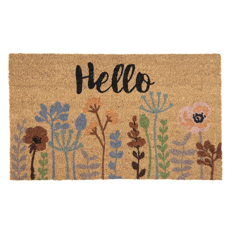 Clayre & Eef Door Mat 75x45 cm Brown PVS Coconut Fiber Rectangle Flowers Hello