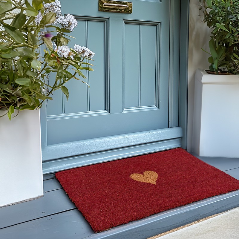 Clayre & Eef Door Mat 75x45 cm Red Rubber Coconut Fiber Rectangle Heart