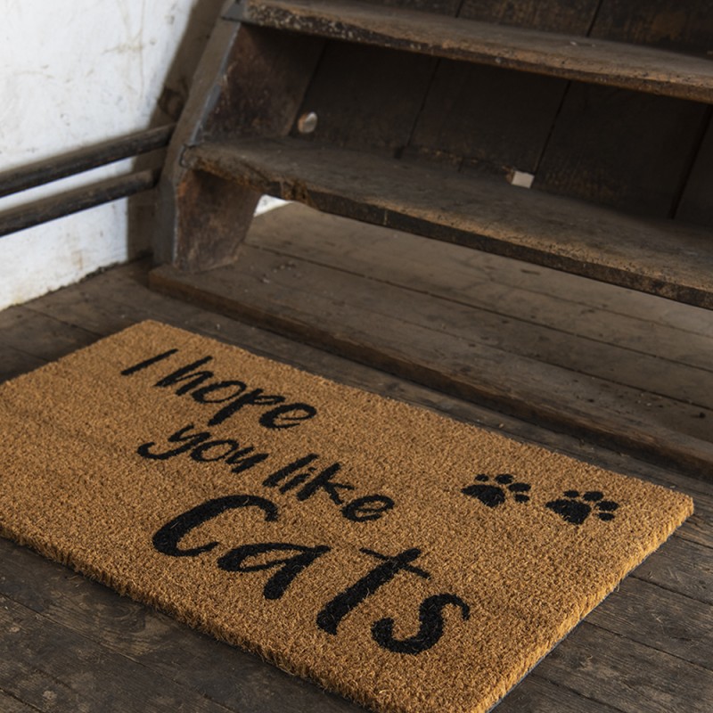 Clayre & Eef Door Mat 75x45 cm Brown Rubber Coconut Fiber Rectangle Cat Paws Like Cats