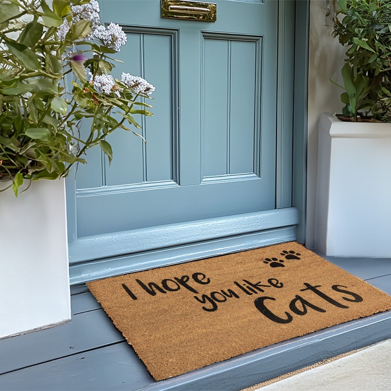 Clayre & Eef Door Mat 75x45 cm Brown Rubber Coconut Fiber Rectangle Cat Paws Like Cats