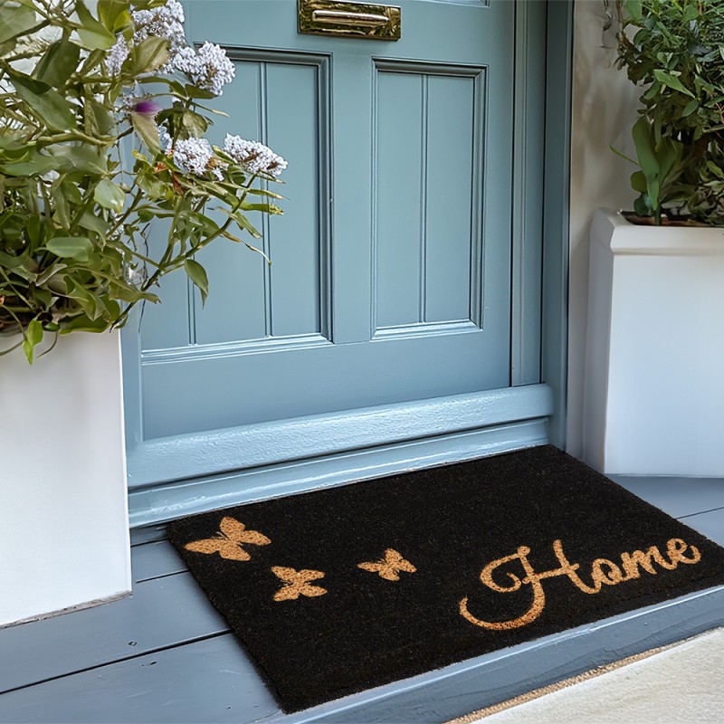 Clayre & Eef Türmatte 75x45 cm Goldfarbig Schwarz PVC-Kokosfaser Rechteck Schmetterlinge Home