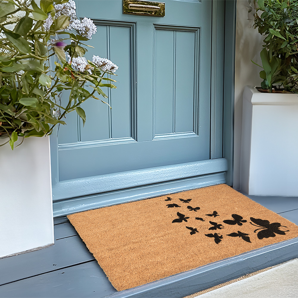 Deurmat 75X45 Cm Bruin Zwart Kokos Vlinders-image