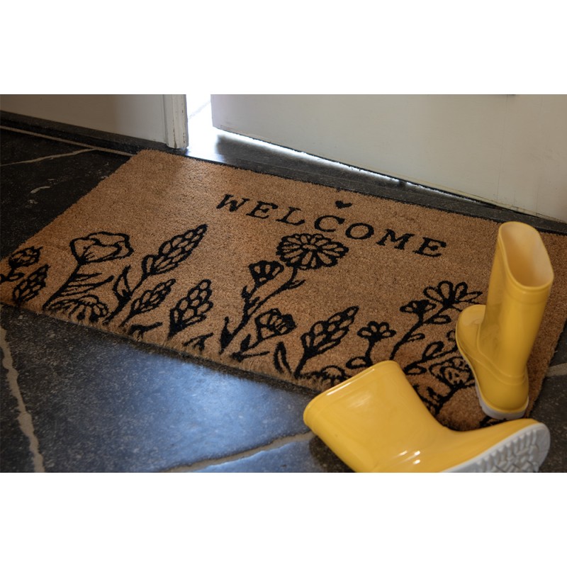 Clayre & Eef Door Mat 75x45 cm Brown Black PVS Coconut Fiber Rectangle Flowers Welcome