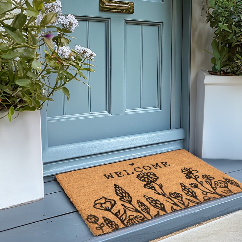 Clayre & Eef Door Mat 75x45 cm Brown Black PVS Coconut Fiber Rectangle Flowers Welcome