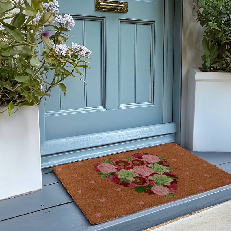 Clayre & Eef Door Mat 75x45 cm Brown PVS Coconut Fiber Flowers
