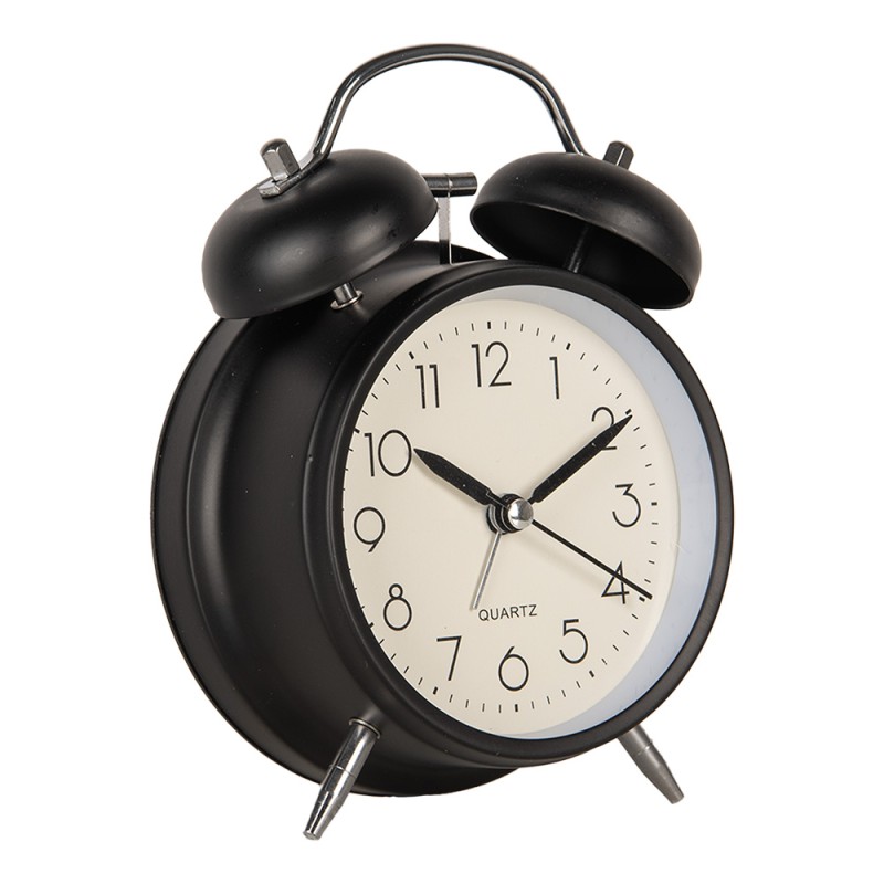 Clayre & Eef Analog Alarm Clock Ø 9x5x13 cm Black Metal Glass