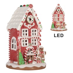 Clayre & Eef Gingerbread house with LED 14x14x22 cm Brown Red Artificial Leather Metal