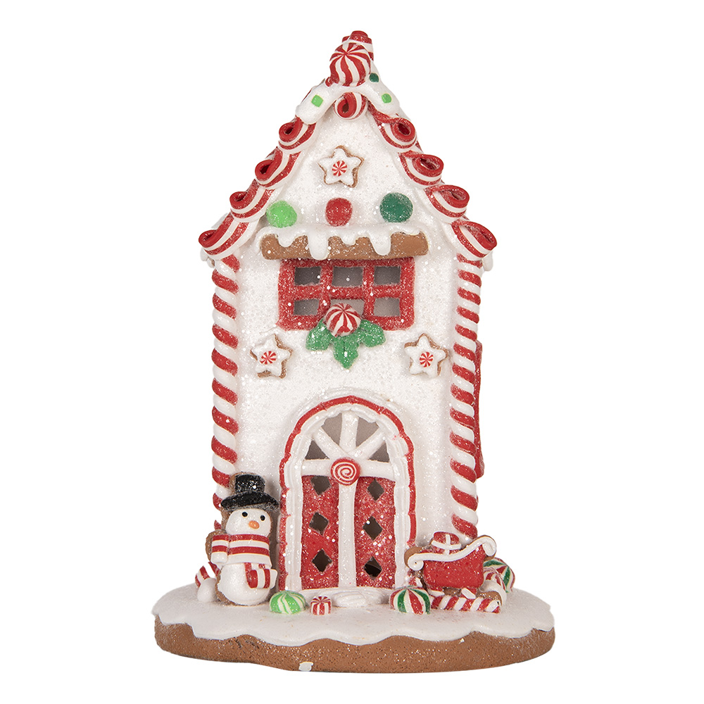 Clayre & Eef Gingerbread house met LED 14x14x22 cm Wit Rood Kunststof afbeelding