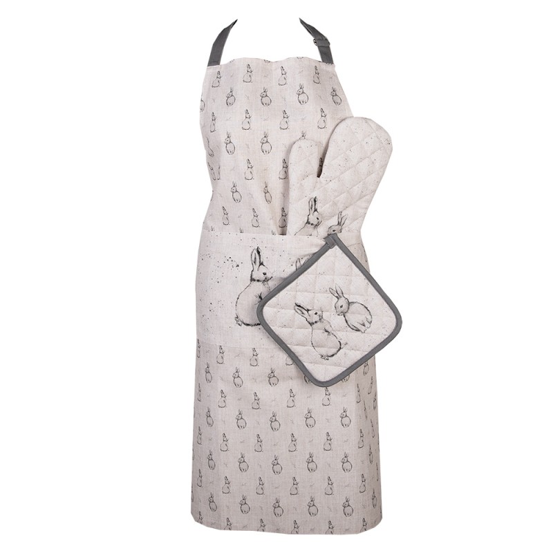 Clayre & Eef Grembiule da cucina 70x85 cm Beige Grigio Cotone Coniglio