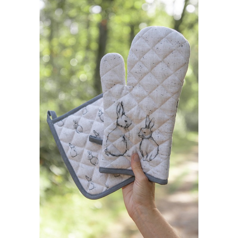 Clayre & Eef Topflappen 20x20 cm Beige Grau Baumwolle Quadrat Kaninchen