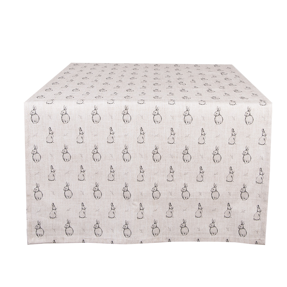 Clayre&Eef Tafelloper 50x140 cm Beige Grijs Katoen Konijn afbeelding