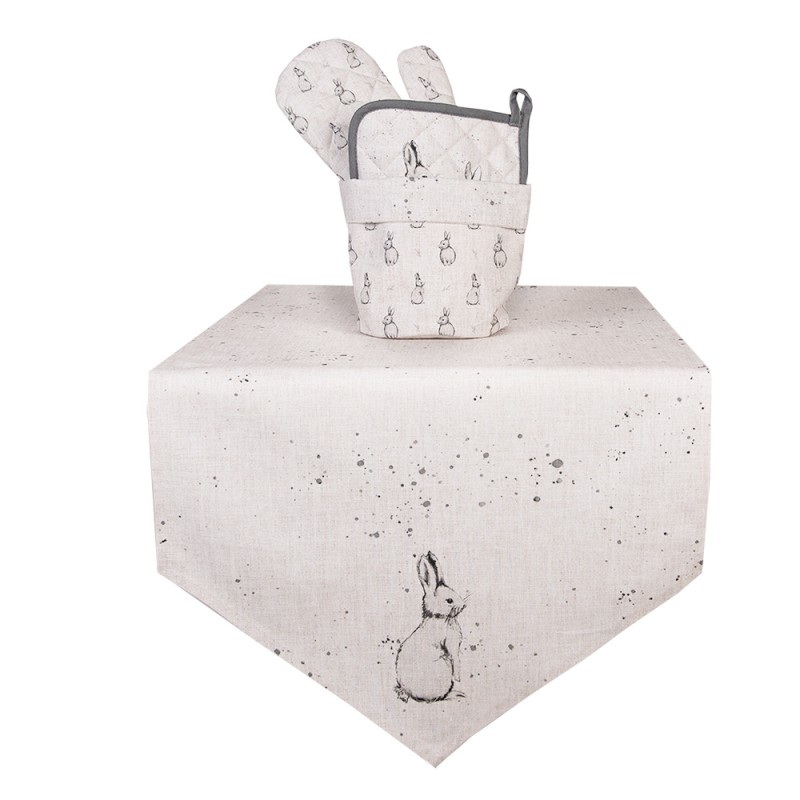 Clayre & Eef Tovaglia da tavolo 50x160 cm Beige Grigio Cotone Coniglio