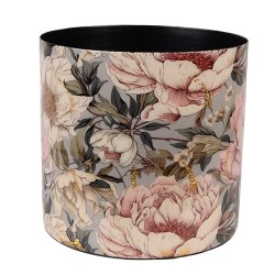 Clayre & Eef Planter Ø 16x15 cm Grey Pink Metal Flowers