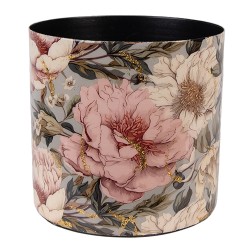 Clayre & Eef Planter Ø 16x15 cm Grey Pink Metal Flowers