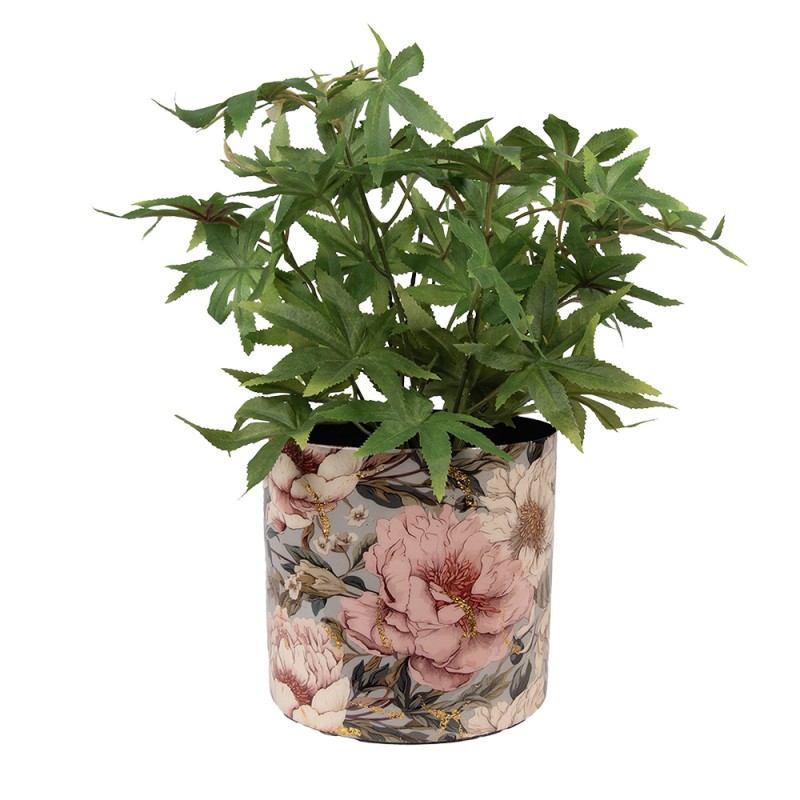 Clayre & Eef Planter Ø 16x15 cm Grey Pink Metal Flowers