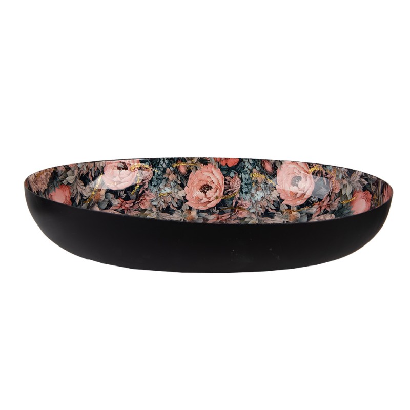 Clayre & Eef Decorative Bowl 45x32x9 cm Black Pink Metal Oval Flowers
