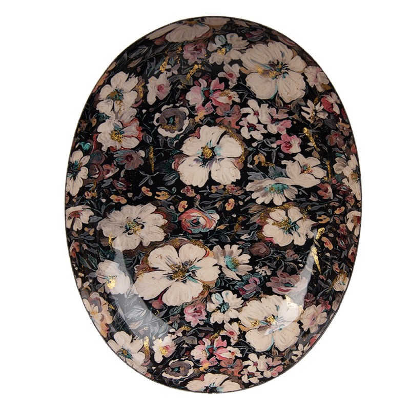 Clayre & Eef Decorative Bowl 34x27x7 cm Black Beige Metal Oval Flowers