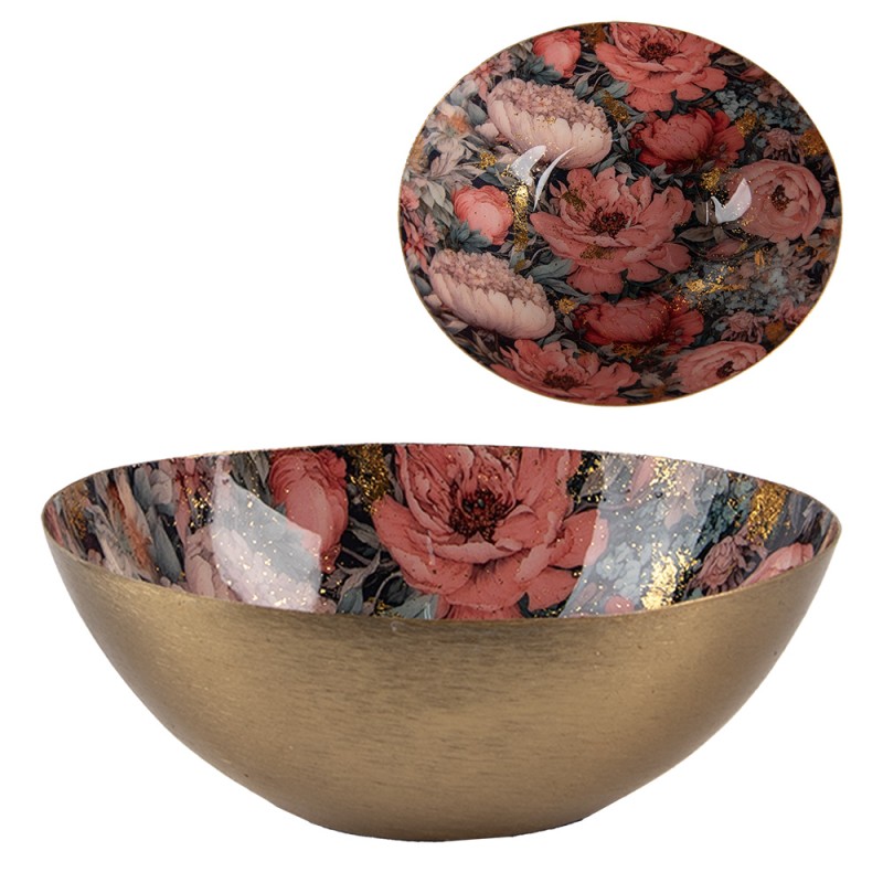 Clayre & Eef Decoratie schaal 16x14x6 cm Goudkleurig Roze Metaal Bloemen