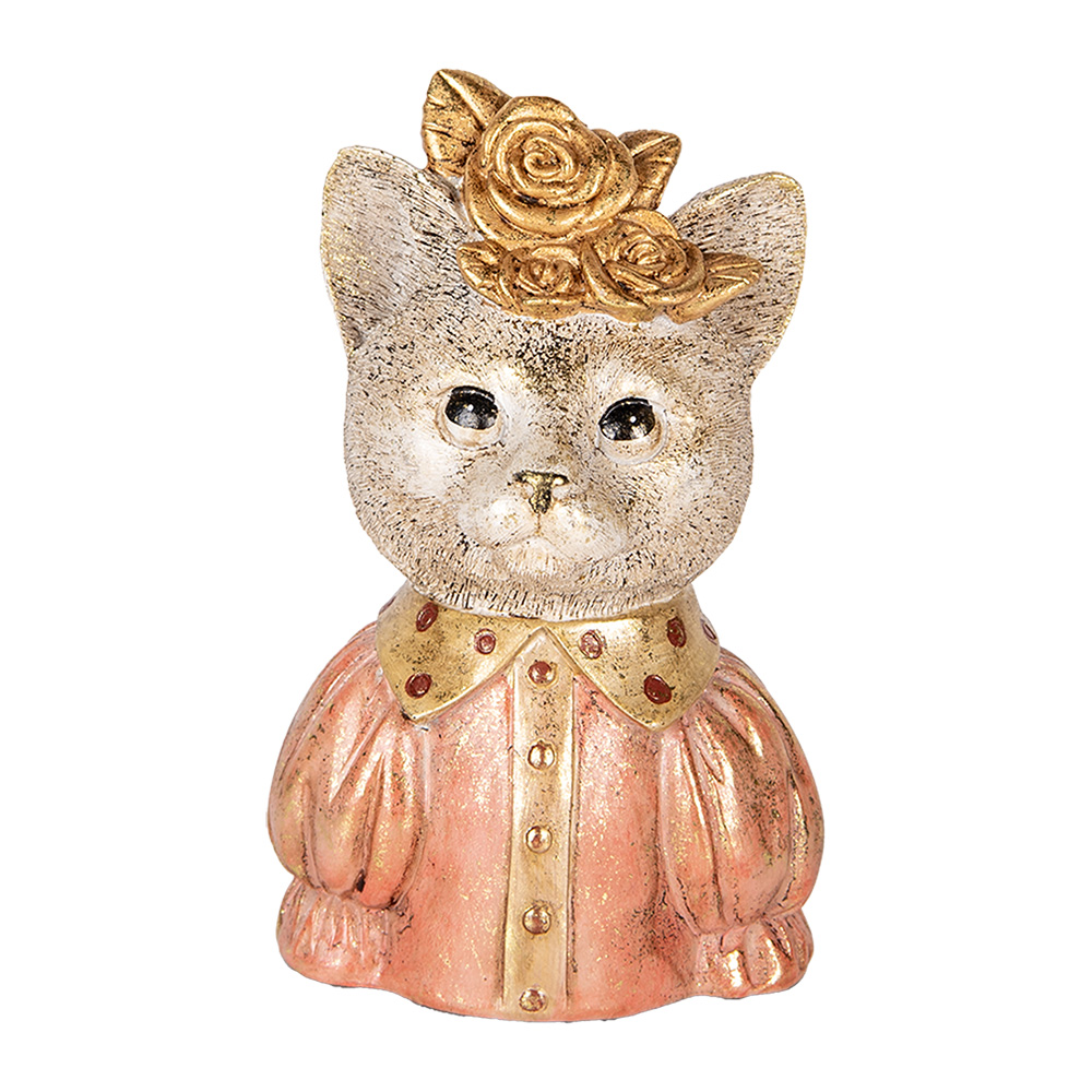 Clayre & Eef Decoratie Beeld Kat 12x9x18 cm Wit Roze Kunststof afbeelding