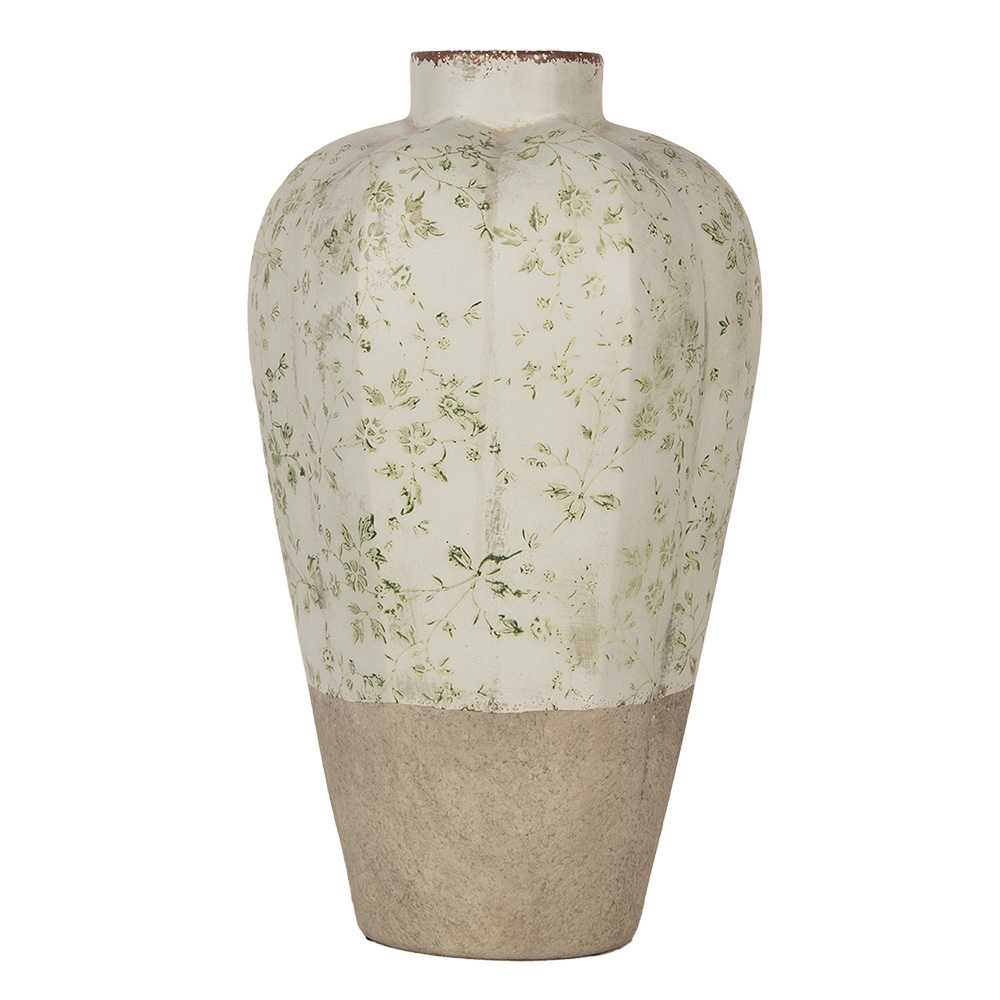 Clayre&Eef VaasØ 24x38 cm Beige Groen Keramiek Bloemen afbeelding