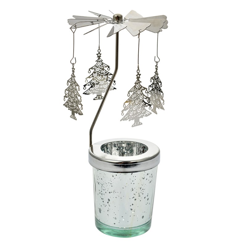 Clayre & Eef Tealight Holder Ø 8x17 cm Silver colored Glass Metal Christmas Trees