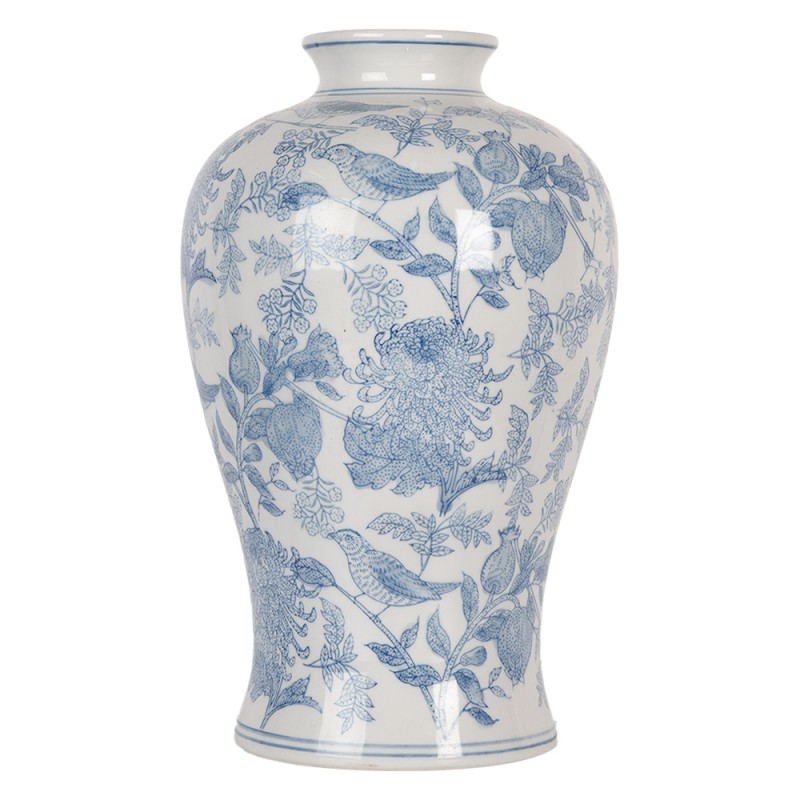 Clayre & Eef Vaas Ø 17x32 cm Wit Blauw Keramiek Vogels op Takken