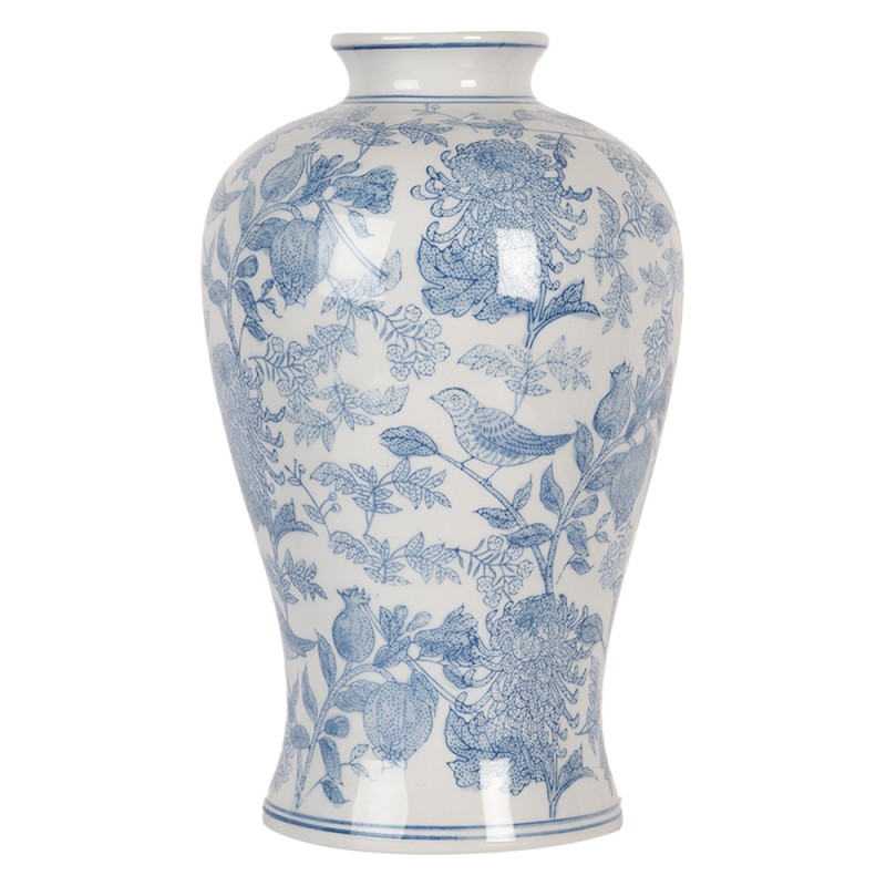 Clayre & Eef Vaas Ø 17x32 cm Wit Blauw Keramiek Vogels op Takken